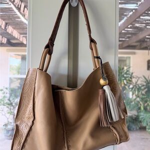 The Sak Tan Leather Shoulder Bag with Tassel